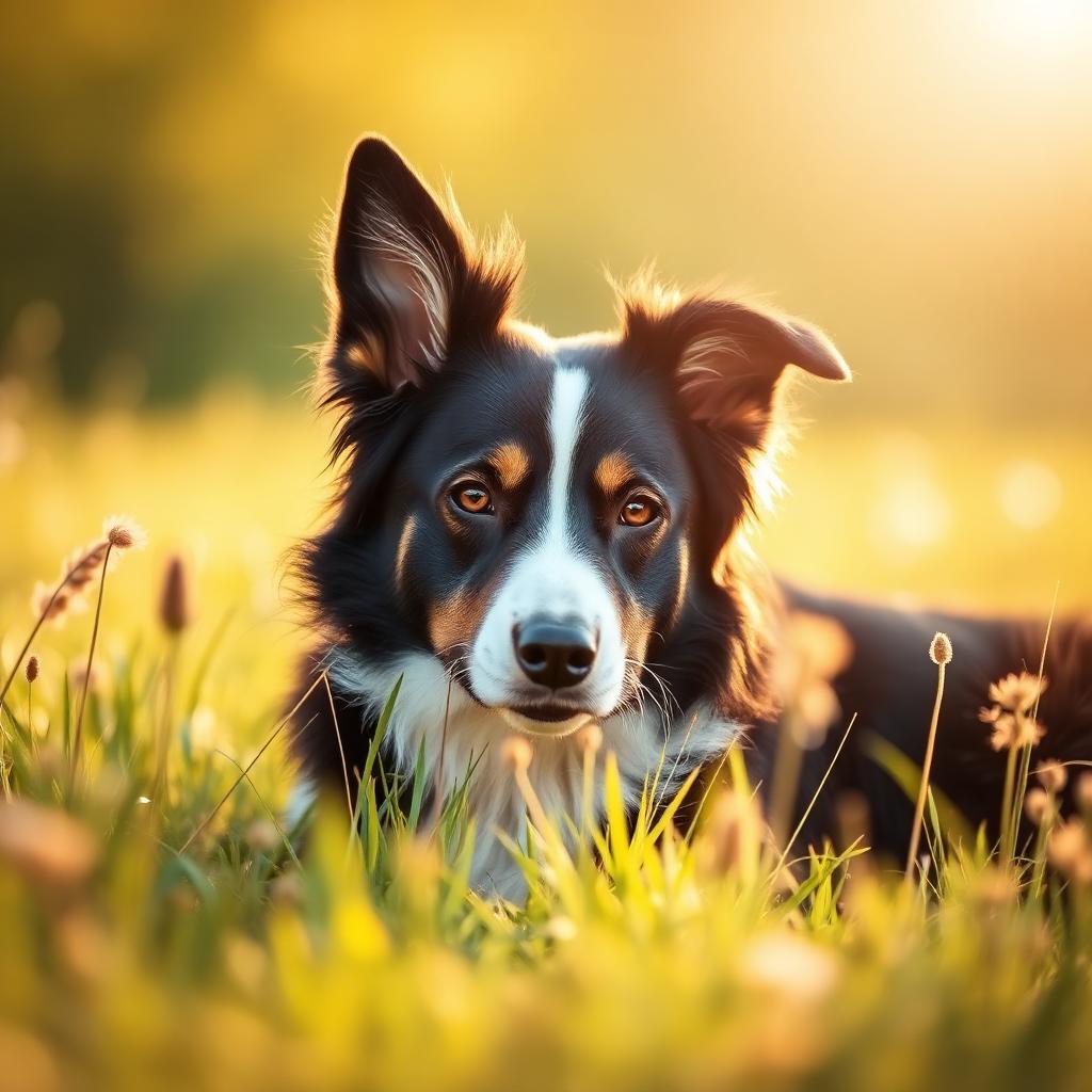 Border collie resting in a sunny meadow