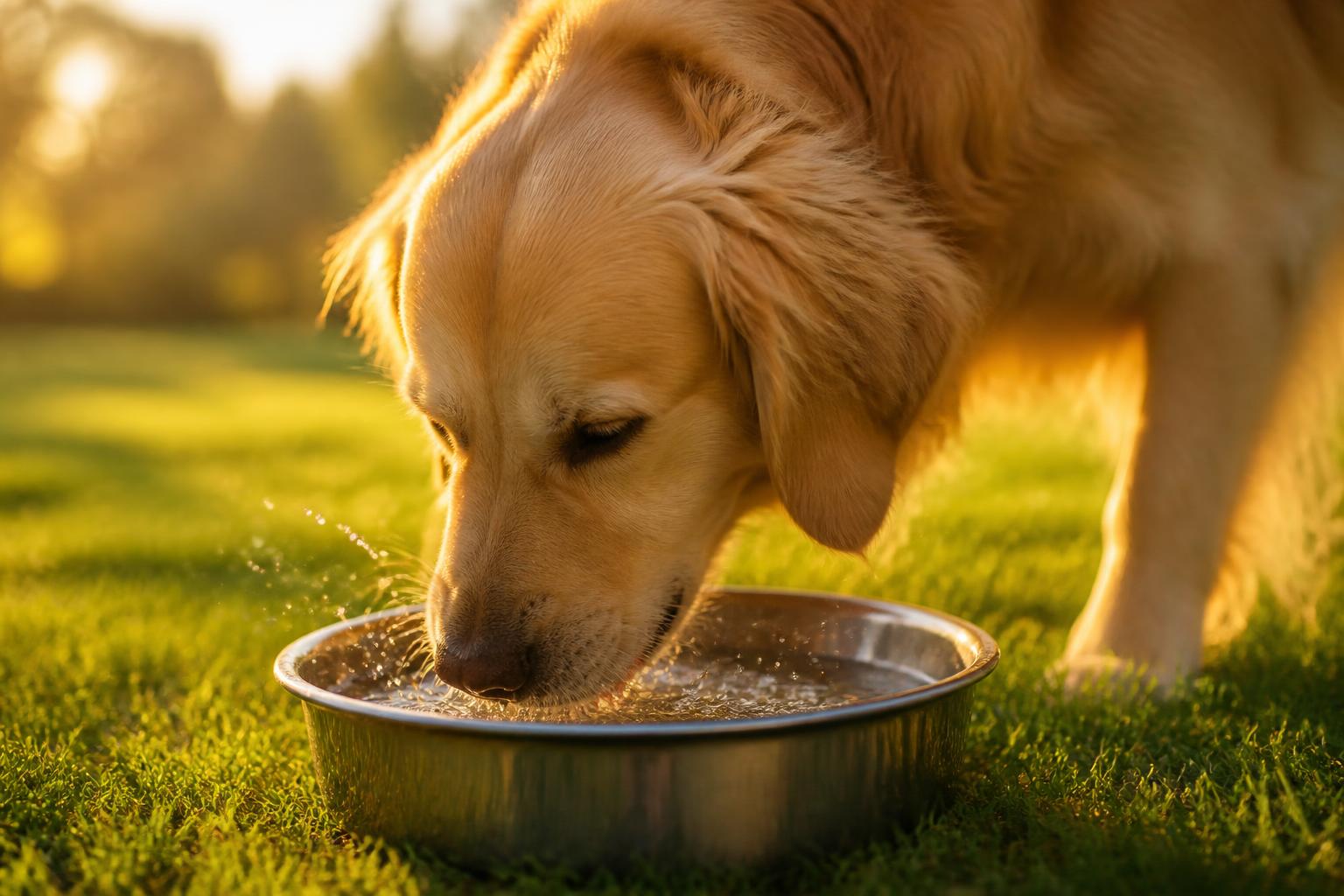 Golden retriever drinking water from a bowl in sunlit grass