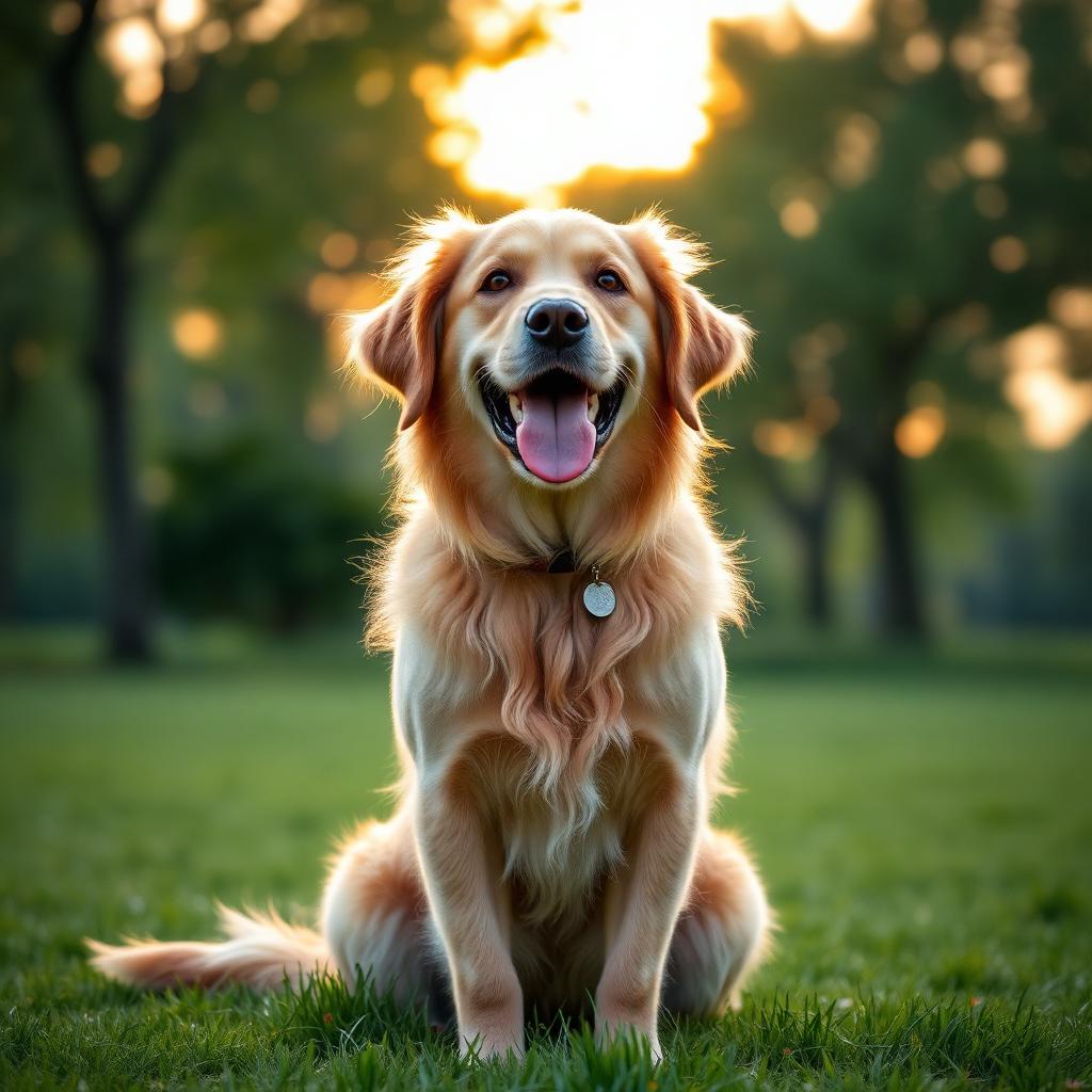 Happy golden retriever sitting in a park at sunset